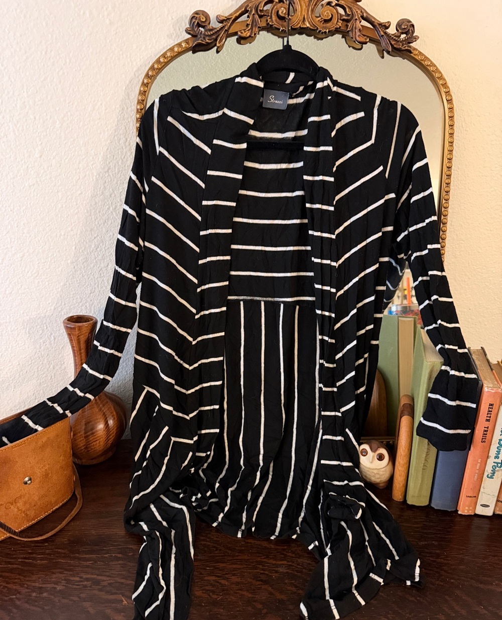 Strazzi Black & White Striped Open-Front Cardigan